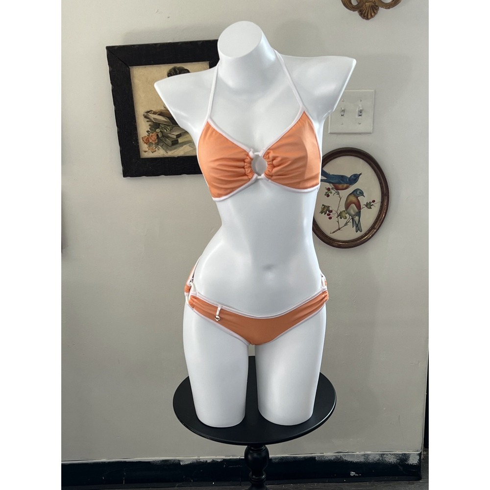 Coquette Peach Microfiber Bikini Set with Rings Size S